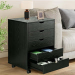 Black Bedside Table with Drawers featuring four spacious drawers and a stylish lamp on top, perfect for bedroom organization.