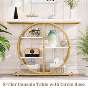 Gold Circle Console Table with Marble Shelves & Storage