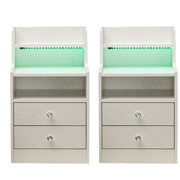 Modern LED Bedside Table set of 2 with drawers and ambient lighting.