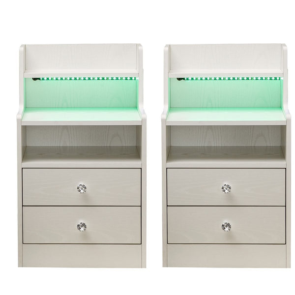 Modern LED Bedside Table set of 2 with drawers and ambient lighting.