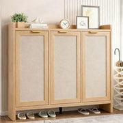 Boho 3-Door Shoe Cabinet featuring a rustic design with beige panels and gold handles for stylish home organization.