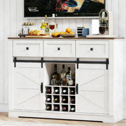Farmhouse Wine Bar Cabinet with white finish and rustic wood top, featuring storage for wine bottles and a stylish design.