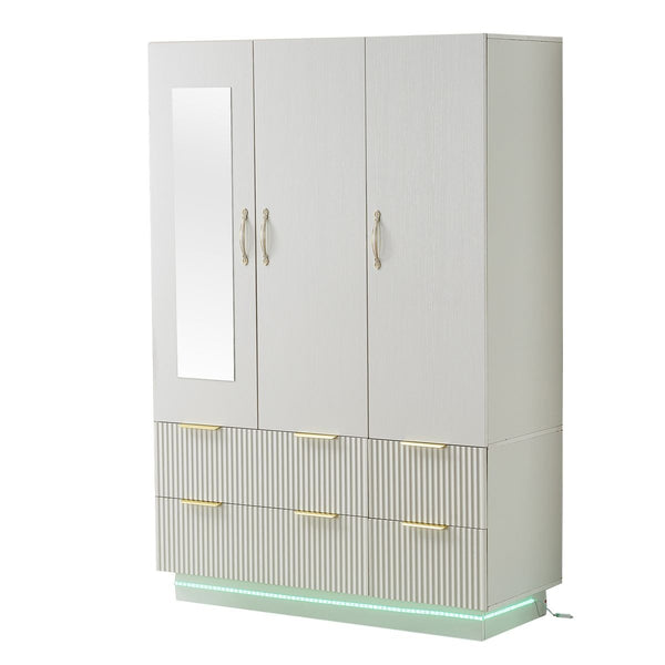 Bedroom Wardrobe 3 Door Light Beige LED Mirror
