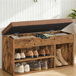 Rustic Shoe Storage Bench with Cushion featuring a hidden flip-top and spacious open shelves for shoe organization.