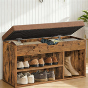 Rustic Shoe Storage Bench with Cushion featuring a hidden flip-top and spacious open shelves for shoe organization.