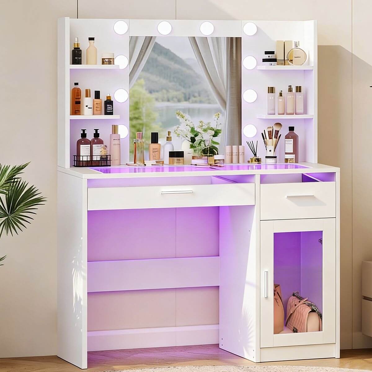 LED Vanity Desk with Charging Station & RGB Glass Top DR-17 showcasing cosmetics and elegant lighting.