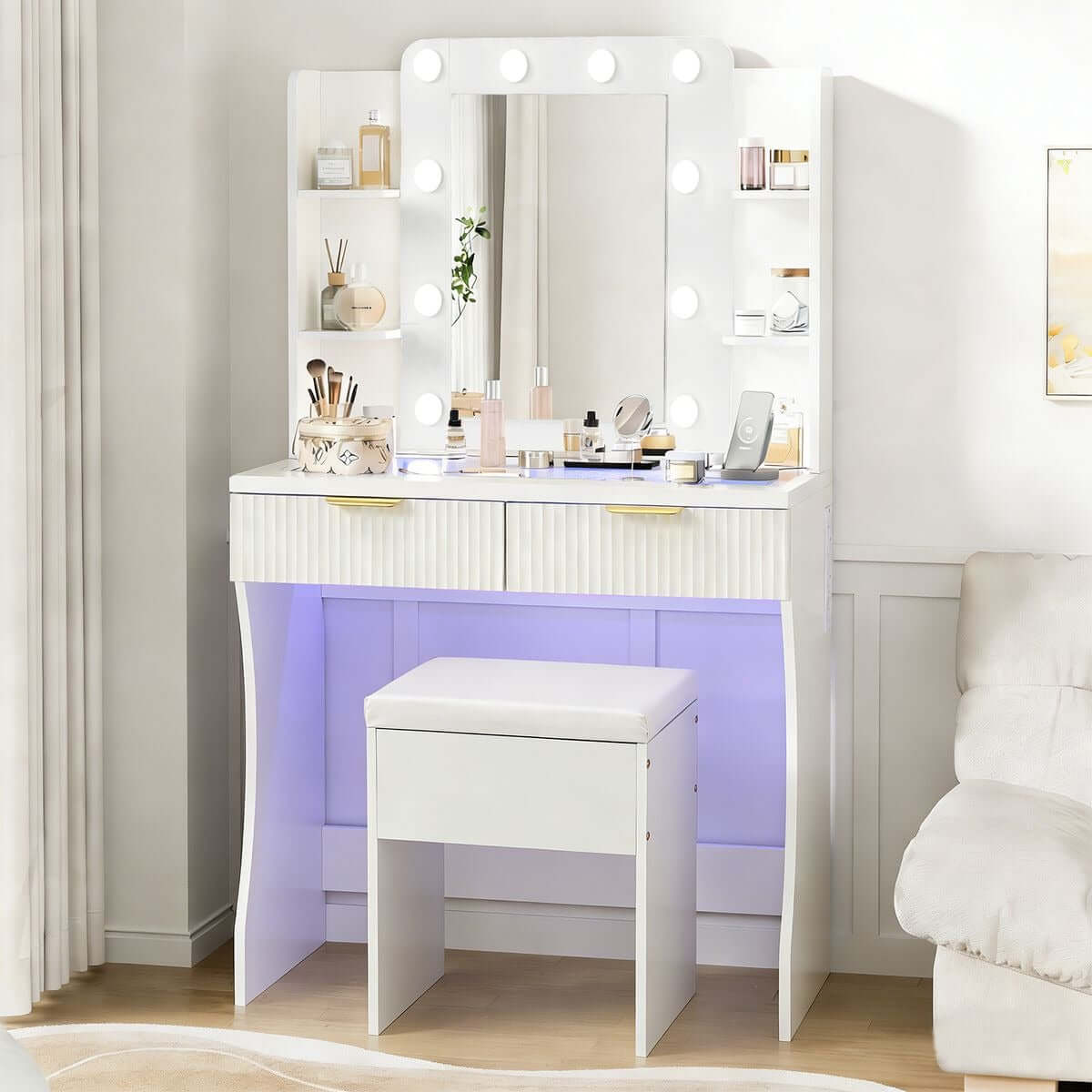 LED Dressing Table with Mirror featuring charging station and stool for a stylish vanity setup.