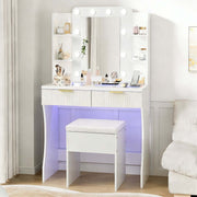 LED Dressing Table with Mirror featuring charging station and stool for a stylish vanity setup.