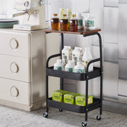3-Tier Rolling Storage Cart with Wood Top displaying beverages and snacks, ideal for kitchen or office organization.