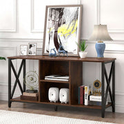 Wooden TV unit with X-frame legs for living room entertainment setup