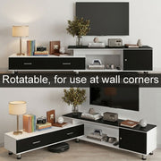 Rotatable extendable TV unit configured straight and around a living room corner