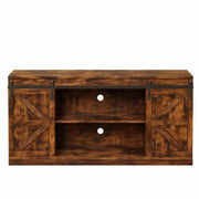 Farmhouse Sliding TV Stand with rustic wood finish and sliding barn doors, perfect for media storage and home decor.
