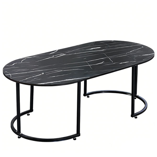 Elegant Oval Black Marble Coffee Table with black metal legs, perfect for modern living room decor.