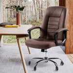 Brown PU leather office chair detail with ergonomic back support design.