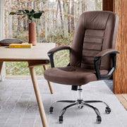 Brown PU leather office chair detail with ergonomic back support design.
