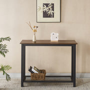Console Table 2 Tier Rustic Entryway featuring retro brown wooden top and black metal frame.