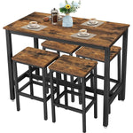 Bar Table and Stools Set showcasing rustic industrial design with table and four stools arranged for dining.