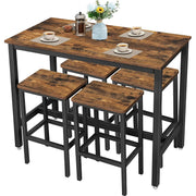 Bar Table and Stools Set showcasing rustic industrial design with table and four stools arranged for dining.