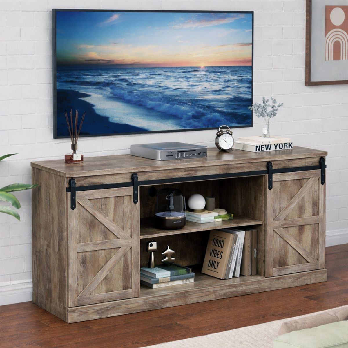 Farmhouse Sliding TV Stand featuring rustic wood design and sliding doors with modern functionality.