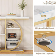 Gold Circle Console Table with Marble Shelves & Storage
