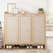 Boho 3-Door Shoe Cabinet featuring a warm wood finish and elegant gold handles for stylish home organization.