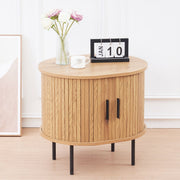 Sturdy metal legs on round side table with storage and wood finish
