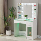 LED Vanity Desk with Charging Station & RGB Glass Top, modern makeup station with illuminated mirror and storage.