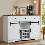 Farmhouse Wine Bar Cabinet featuring a rustic wood top, white finish, wine storage, and coffee station setup.