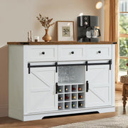 Farmhouse Wine Bar Cabinet featuring a rustic wood top, white finish, wine storage, and coffee station setup.