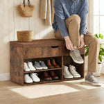 Rustic Shoe Storage Bench with Cushion, featuring hidden storage and open shelves for organized shoe storage.