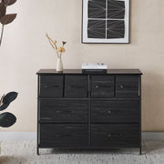 Fabric 8-Drawer Dresser & Storage Chest with Wood Top in a stylish living room setting.