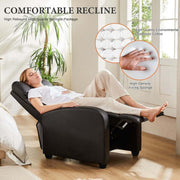 Woman relaxing in an adjustable manual recliner, highlighting features like high-quality cotton and sponge.