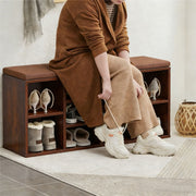Cubby Shoe Storage Bench with Cushion & Adjustable Shelves, perfect for organizing footwear in style.