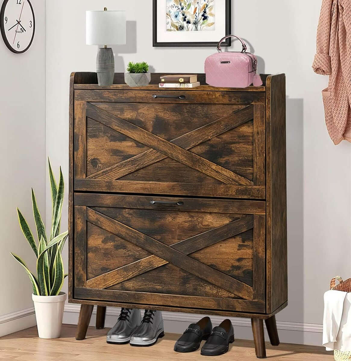Rustic Tilt-Out Shoe Cabinet with 2 drawers in a stylish entryway, enhancing organization and decor.