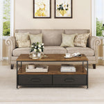 Wood-look coffee table with fabric drawers and metal frame