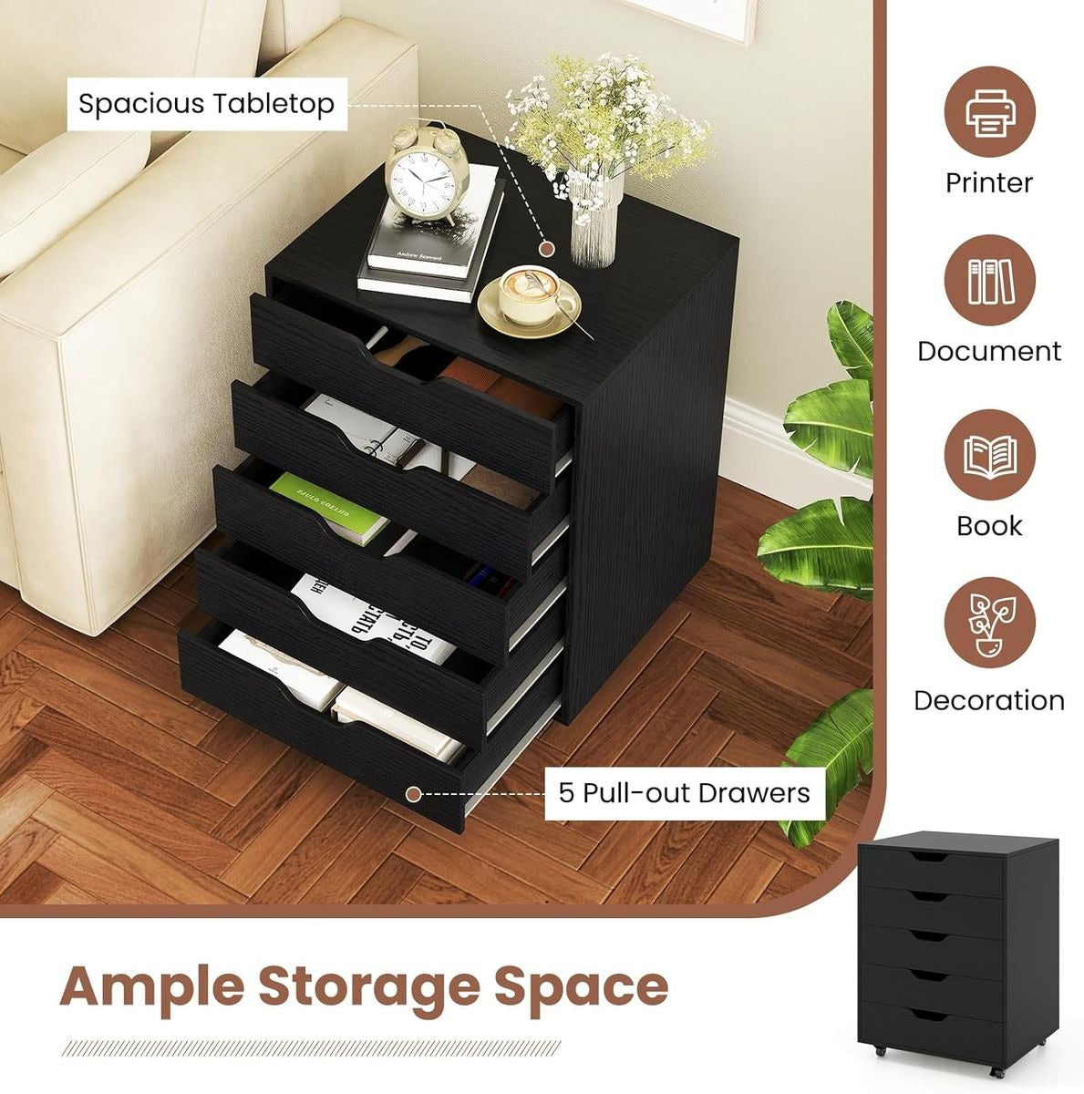 Black Bedside Table with Drawers featuring 5 pull-out drawers and spacious tabletop for ample storage space.