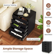 Black Bedside Table with Drawers featuring 5 pull-out drawers and spacious tabletop for ample storage space.