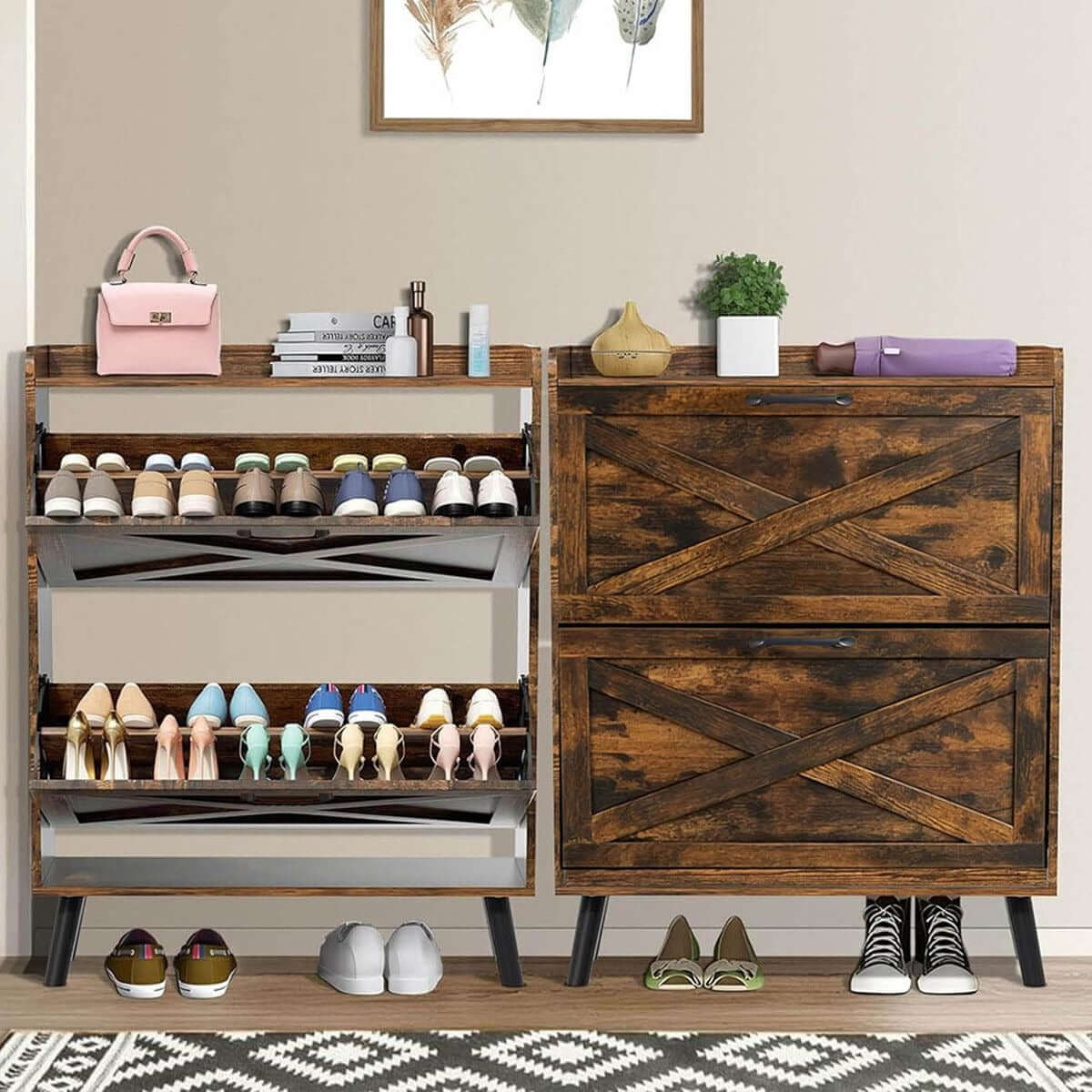 Rustic Tilt-Out Shoe Cabinet with 2 Drawers displayed in an organized entryway, showcasing footwear and accessories.