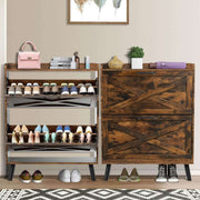 Rustic Tilt-Out Shoe Cabinet with 2 Drawers displayed in an organized entryway, showcasing footwear and accessories.
