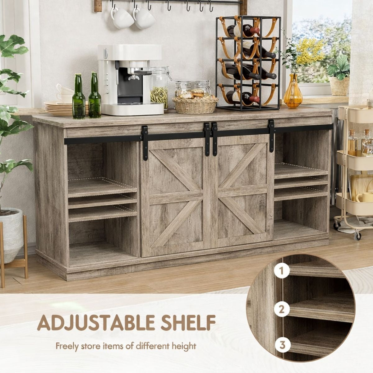 Farmhouse Sliding TV Stand with adjustable shelves, showcasing rustic design and modern functionality in a cozy living room.