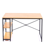 Front view of light wood computer desk showing two-tier side shelves and sturdy metal frame