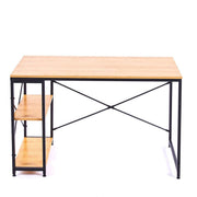 Front view of light wood computer desk showing two-tier side shelves and sturdy metal frame