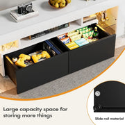 Open black drawers on white TV stand showing storage for games and accessories