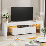 Angled view of white 160cm TV stand with drawers and illuminated glass shelves