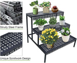 Black metal plant stand showing sturdy steel frame and decorative scrollwork shelves