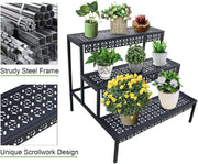 Black metal plant stand showing sturdy steel frame and decorative scrollwork shelves