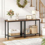 Console Table 2 Tier Rustic Entryway with wooden top, black metal frame, light decor, and storage baskets.