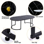 Features of the Oval Black Marble Coffee Table including waterproof, anti-scratch, sturdy metal legs, and non-slip design.