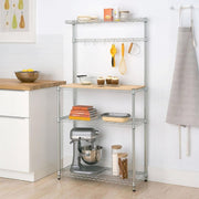 Heavy-Duty Baker's Rack with wood top, featuring storage shelves and kitchen appliances, ideal for organization.