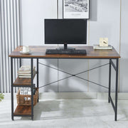 Front view of rustic brown 120cm desk with monitor, side shelves and cross-braced frame